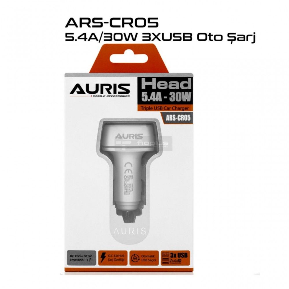 Auris Cr05 5.4A 30W 3 Girişli Hızlı Araç Şarj Başlığı Auris Cr05 5.4A 30W 3 Girişli Hızlı Araç Şarj Başlığı