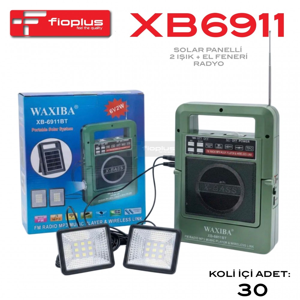 نظام إضاءة وراديو بالطاقة الشمسية Fioplus Waxiba XB-6911BT – مزود ببلوتوث، كشاف يدوي و2 لمبة LED نظام إضاءة وراديو بالطاقة الشمسية Fioplus Waxiba XB-6911BT – مزود ببلوتوث، كشاف يدوي و2 لمبة LED