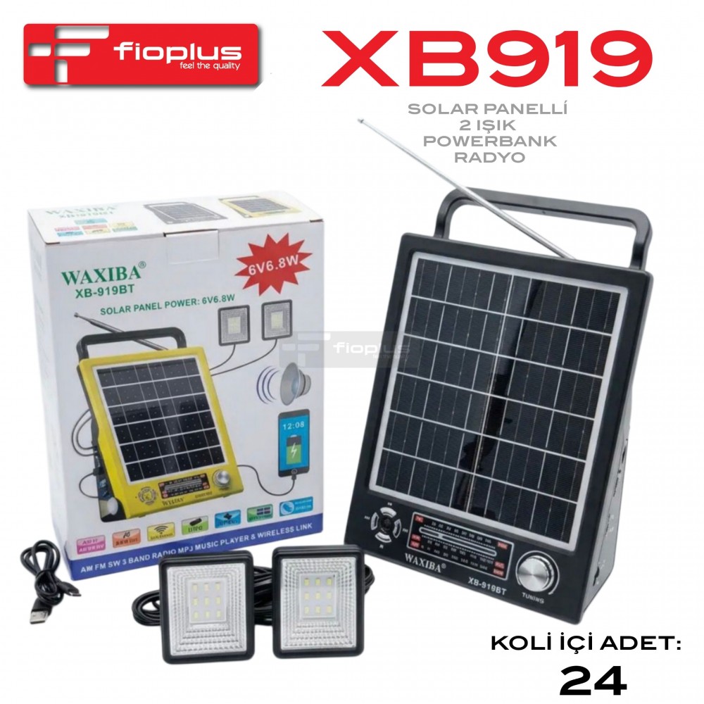 نظام إضاءة وراديو بالطاقة الشمسية Fioplus Waxiba XB-919BT – لوح شمس 6V 6.8W، بنك طاقة (Powerbank)، بلوتوث و2 لمبة LED نظام إضاءة وراديو بالطاقة الشمسية Fioplus Waxiba XB-919BT – لوح شمس 6V 6.8W، بنك طاقة (Powerbank)، بلوتوث و2 لمبة LED
