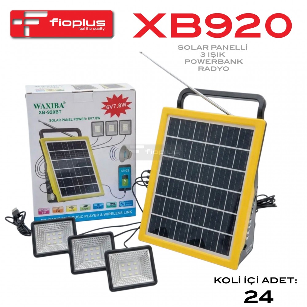 نظام إضاءة شمسي متكامل Fioplus XB920 - مشغل راديو وبلوتوث مع 3 مصابيح LED وشاحن بنك طاقة (Powerbank) نظام إضاءة شمسي متكامل Fioplus XB920 - مشغل راديو وبلوتوث مع 3 مصابيح LED وشاحن بنك طاقة (Powerbank)