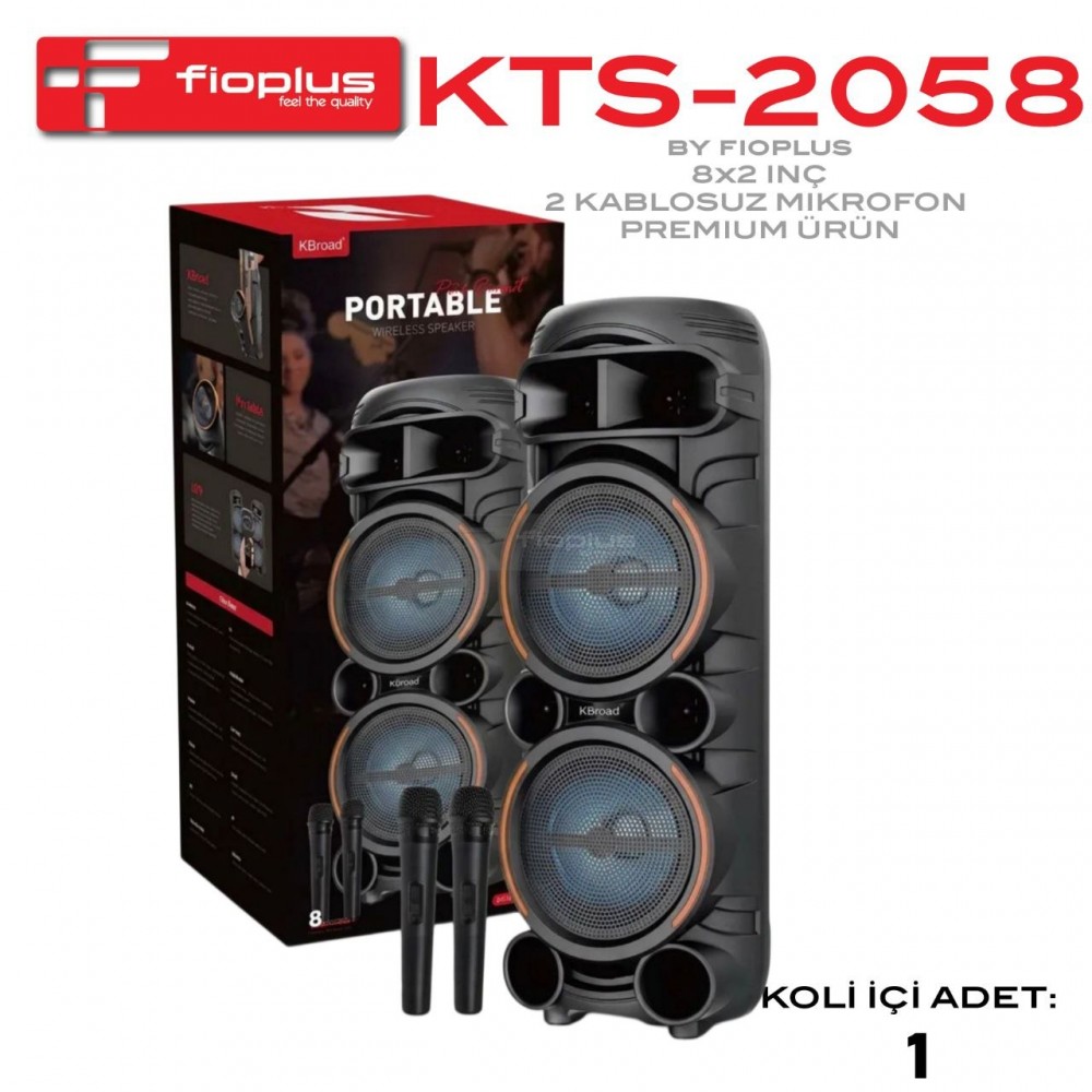 Fioplus KTS-2058 Premium Çift Kablosuz Mikrofonlu Taşınabilir Parti Hoparlörü (8x2 İnç / Yüksek Güçlü Bass / RGB Işıklı Bluetooth Speaker) Fioplus KTS-2058 Premium Çift Kablosuz Mikrofonlu Taşınabilir Parti Hoparlörü (8x2 İnç / Yüksek Güçlü Bass / RGB Işıklı Bluetooth Speaker)