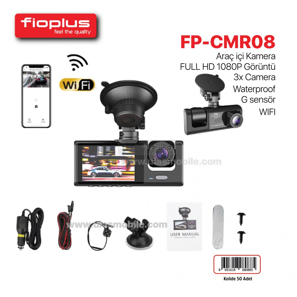 FIOPLUS FP-CMR08 Full HD 3 Kameralı Araç Kamerası Fioplus FP-CMR08 WiFi destekli 3 kameralı araç kamerası