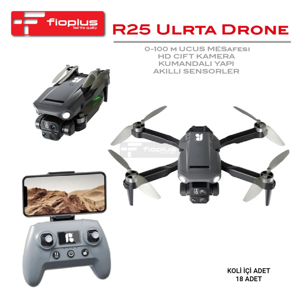 Fioplus R25 Ultra Akıllı Sensörlü HD Çift Kameralı Katlanabilir Drone - 100m Uçuş Mesafesi Fioplus R25 Ultra Akıllı Sensörlü HD Çift Kameralı Katlanabilir Drone - 100m Uçuş Mesafesi