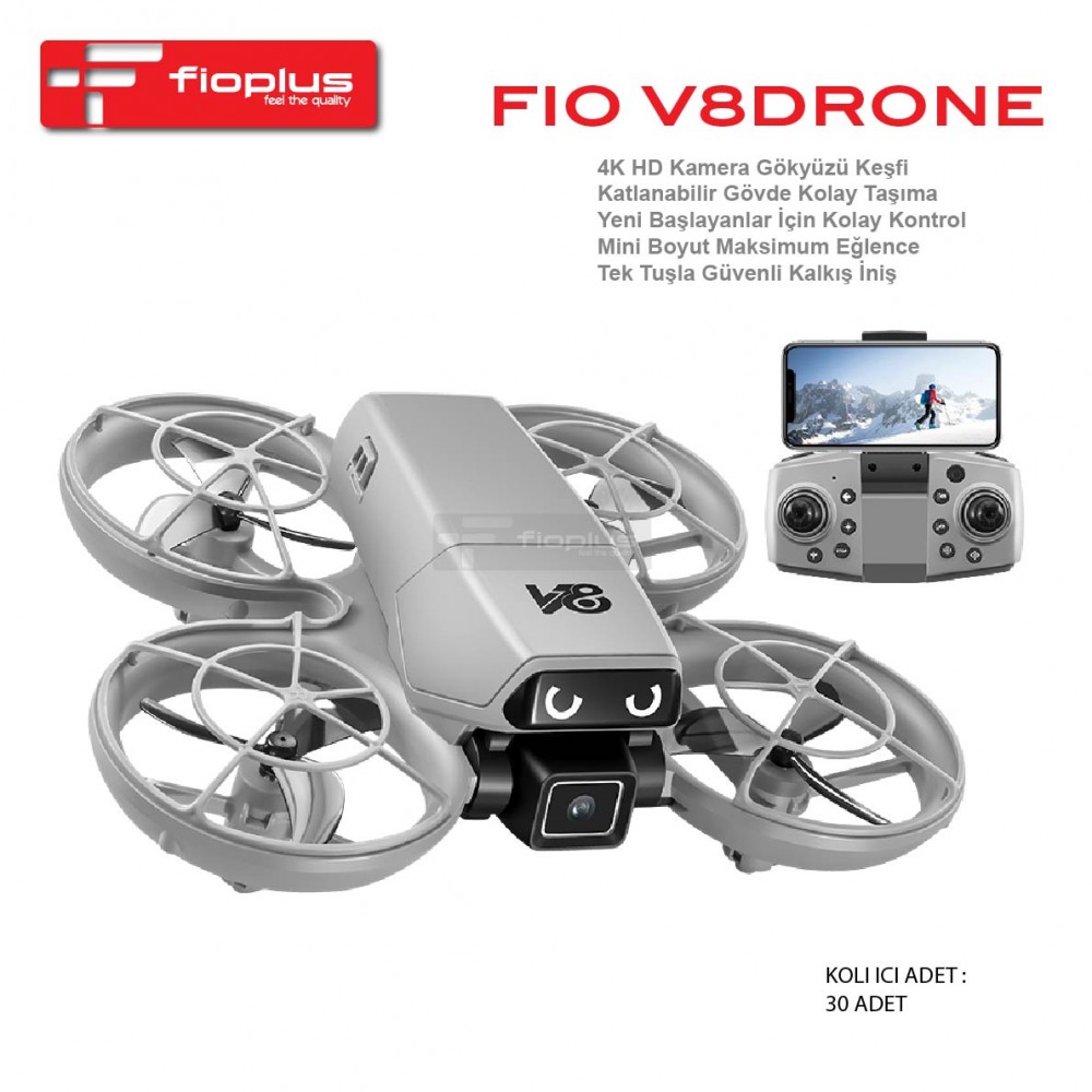 Fioplus FIO V8DRONE 4K HD Kameralı Katlanabilir Koruma Kafesli Tek Tuş Kalkış İniş Destekli Akıllı Mini Drone