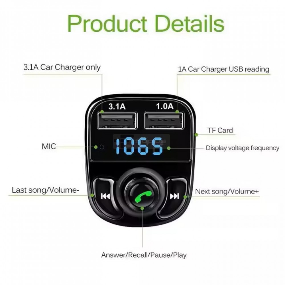 Car X8 Araç Fm Transmitter Bluetooth Çakmaklık Girişli USB Sd Kart Araç Mp3 Müzik Çalar Oto Teyp
