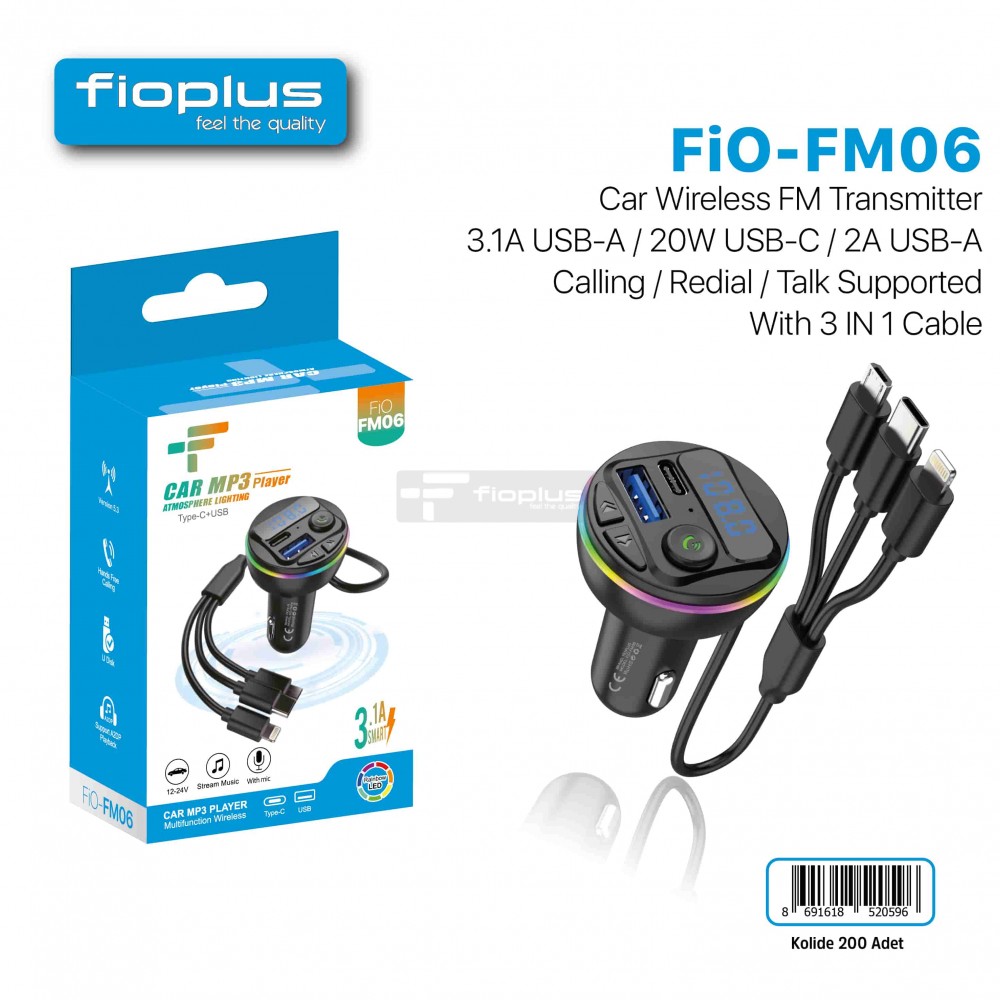 FIO-FM06 – 5 Cihaz Şarj + FM + Müzik + Arama Fioplus FIO-FM06 FM transmitter çoklu şarj cihazı