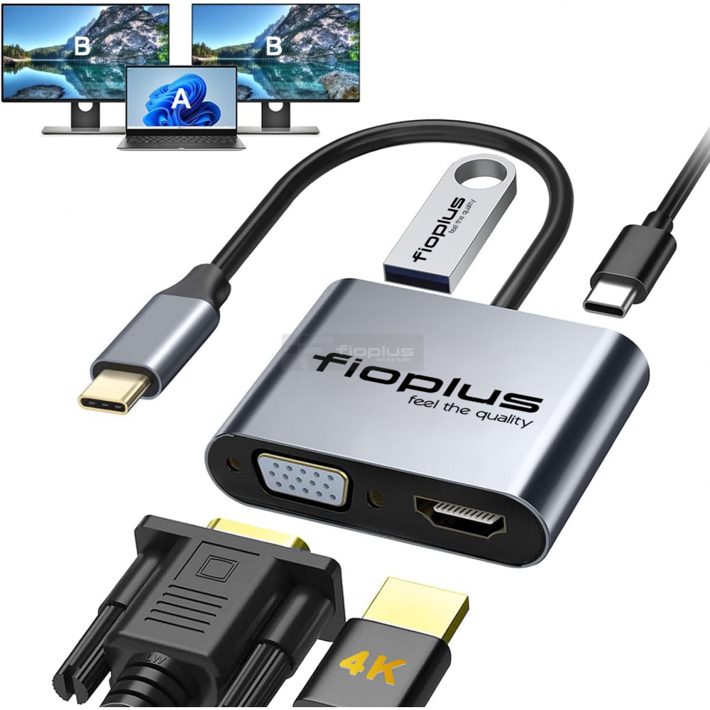 USB-C HDMI VGA 4’ü 1 Metal Hub Adaptör – Fioplus - FP-CPX101 USB-C HDMI VGA 4’ü 1 Metal Hub Adaptör – Fioplus - FP-CPX101