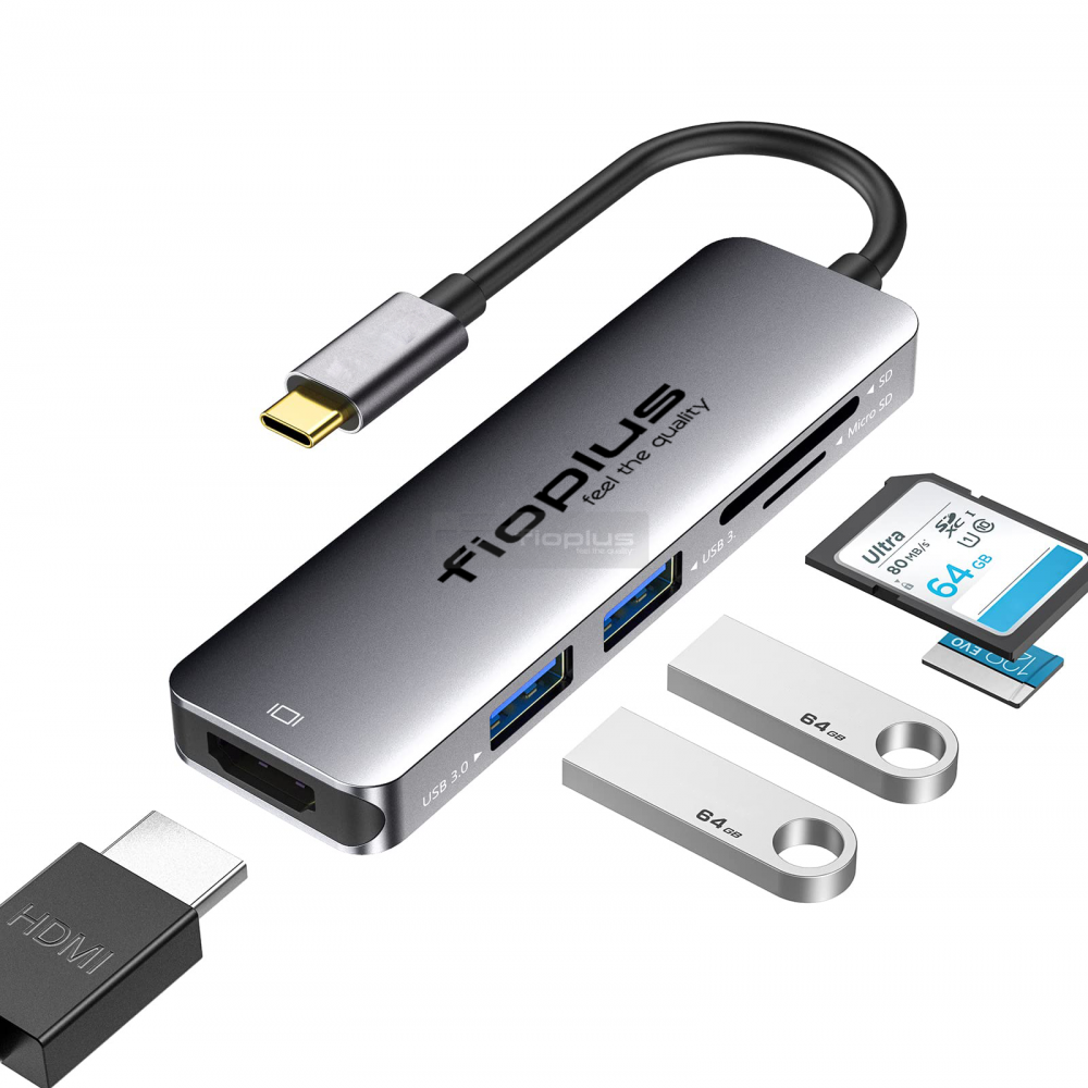 USB-C 5’li Çoklayıcı HDMI + USB 3.0 + Kart Okuyucu 5’i 1 Arada USB-C HDMI Hub Adaptör – Fioplus