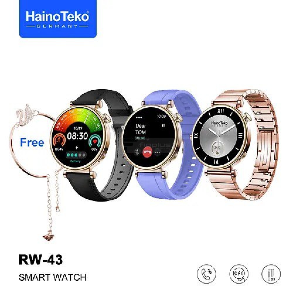 ساعة ذكية Haino Teko Rw-43 Real Amoled متوافقة مع الشاشة مع 3 سوار هدية باللون الذهبي