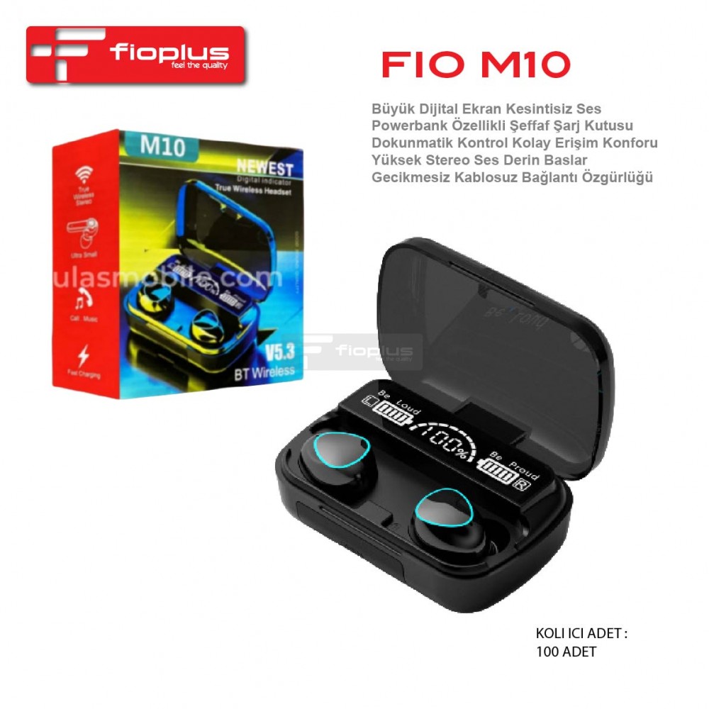 Fioplus FIO M10 Büyük Dijital Ekranlı Powerbank Özellikli V5.3 TWS Kablosuz Kulak İçi Kulaklık