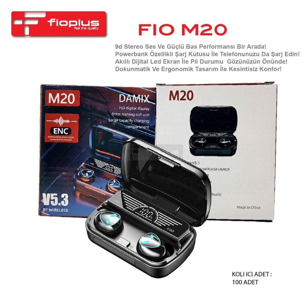 Fioplus FIO M20 ENC Gürültü Azaltmalı Akıllı Dijital LED Ekranlı Powerbank Özellikli V5.3 TWS Kablosuz Kulak İçi Kulaklık