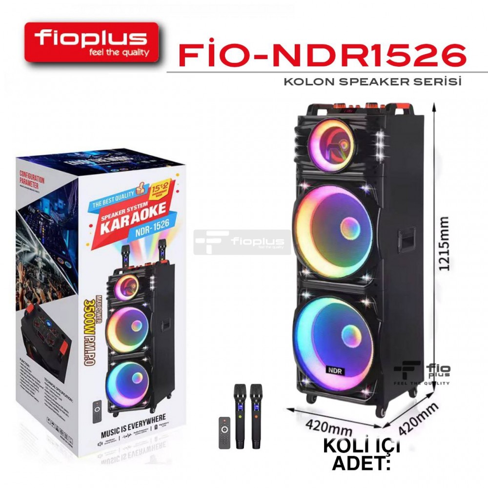 FiOPLUS NDR-1526 – 100W RMS, Çift 15" Bas, RGB LED Işıklar, Kablosuz Mikrofon ve Uzaktan Kumanda ile Taşınabilir Parti Hoparlörü FiOPLUS NDR-1526 – 100W RMS, Çift 15" Bas, RGB LED Işıklar, Kablosuz Mikrofon ve Uzaktan Kumanda ile Taşınabilir Parti Hoparlörü
