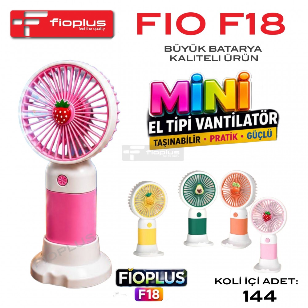 Fioplus FIO F18 Şarjlı Mini El Vantilatörü Masaüstü Standlı Taşınabilir Meyve Figürlü Fan (Büyük Bataryalı Sessiz Cep Fanı)