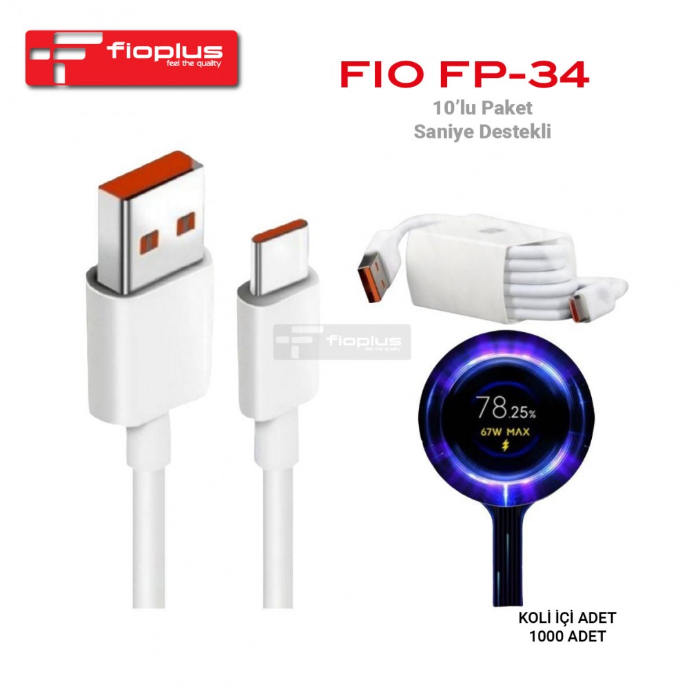 Fioplus FIO FP-34 67W Turbo Hızlı Şarj Kablosu - USB to Type-C Saniye Destekli Veri ve Şarj Kablosu (10'lu Paket) Fioplus FIO FP-34 67W Turbo Hızlı Şarj Kablosu - USB to Type-C Saniye Destekli Veri ve Şarj Kablosu (10'lu Paket)