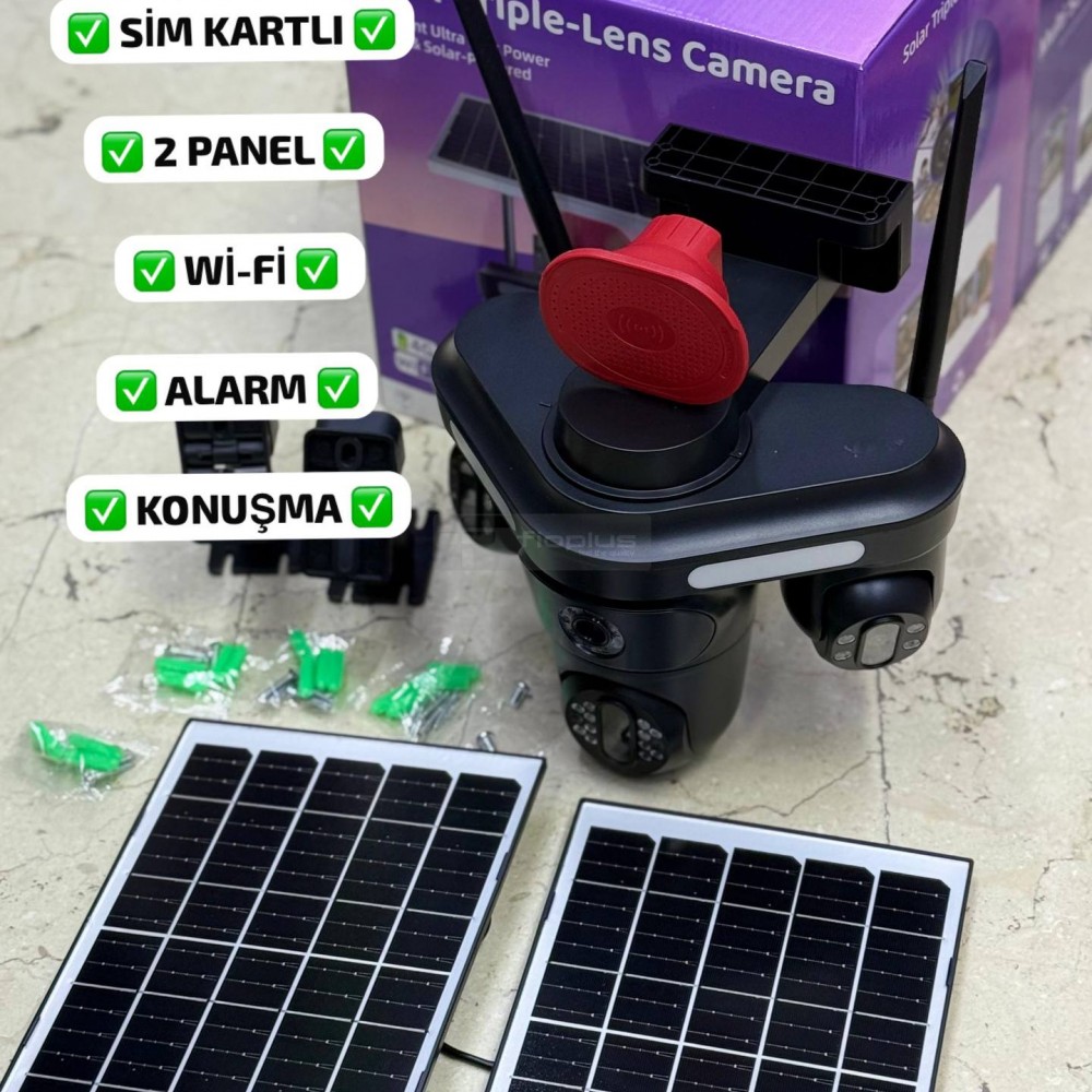 P2035 4 Kameralı Güneş Enerjili Güvenlik Kamerası | Çift Panel, SIM Kartlı, Wi-Fi, Alarm, Konuşma Destekli P2035 4 Kameralı Güneş Enerjili Güvenlik Kamerası | Çift Panel, SIM Kartlı, Wi-Fi, Alarm, Konuşma Destekli