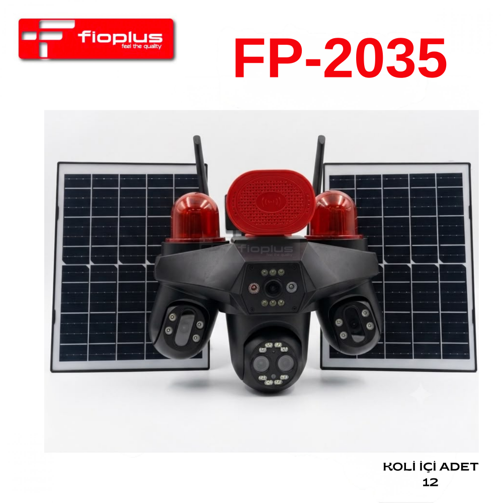 Fioplus FP-2035 Güneş Enerjili SIM Kartlı 4G PTZ Güvenlik Kamerası – Çift Güneş Panelli, Flaşörlü Siren Sistemli