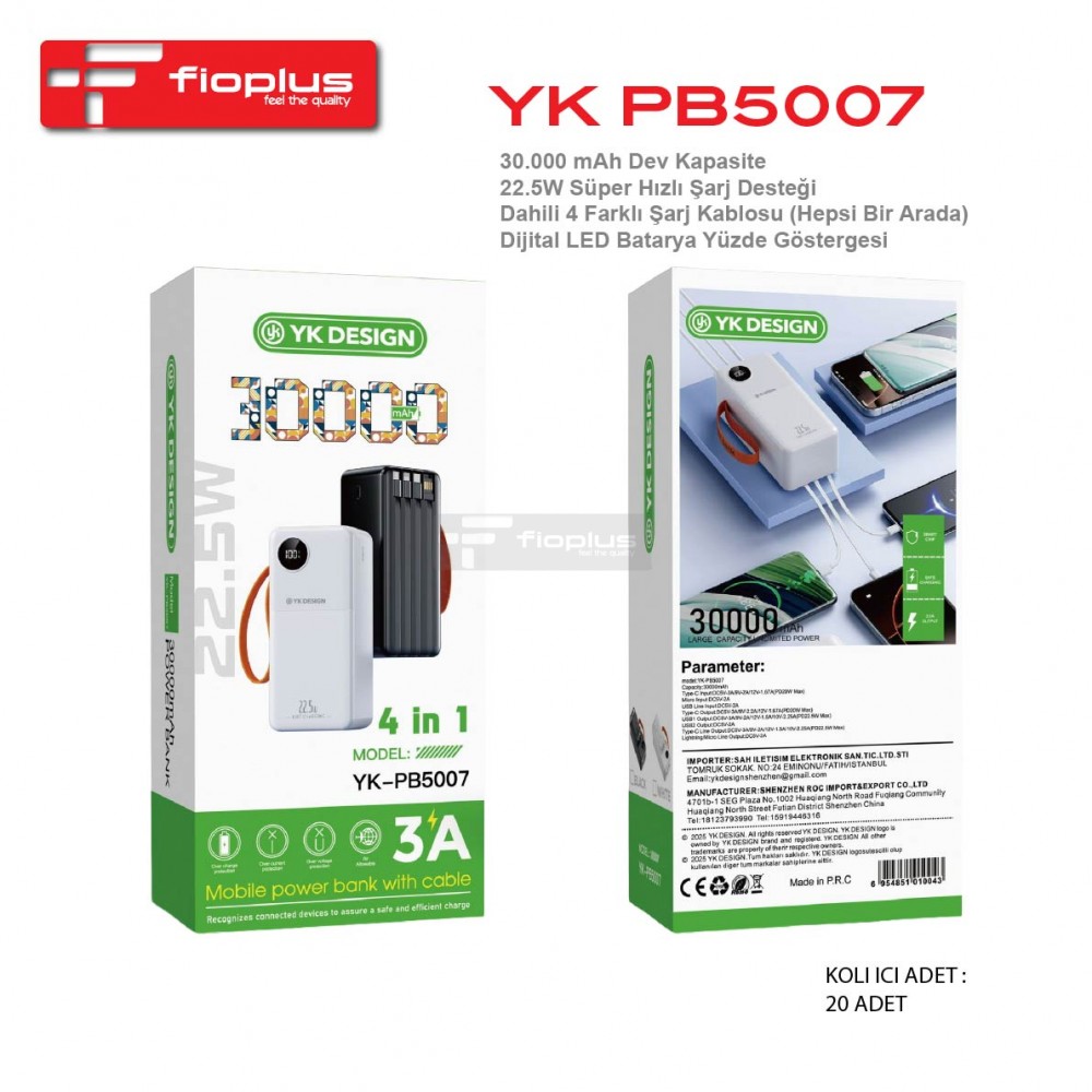 Fioplus PB5007 30000mAh 22.5W Süper Hızlı Şarj 4 Dahili Kablolu Powerbank Fioplus PB5007 30000mAh 22.5W Süper Hızlı Şarj 4 Dahili Kablolu Powerbank
