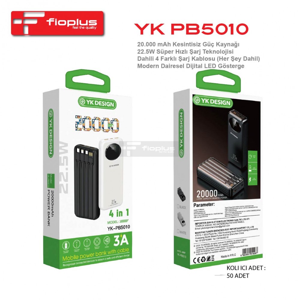 Fioplus PB5010 20000mAh 22.5W Süper Hızlı Şarj Dairesel Ekranlı 4 Kablolu Powerbank Fioplus PB5010 20000mAh 22.5W Süper Hızlı Şarj Dairesel Ekranlı 4 Kablolu Powerbank
