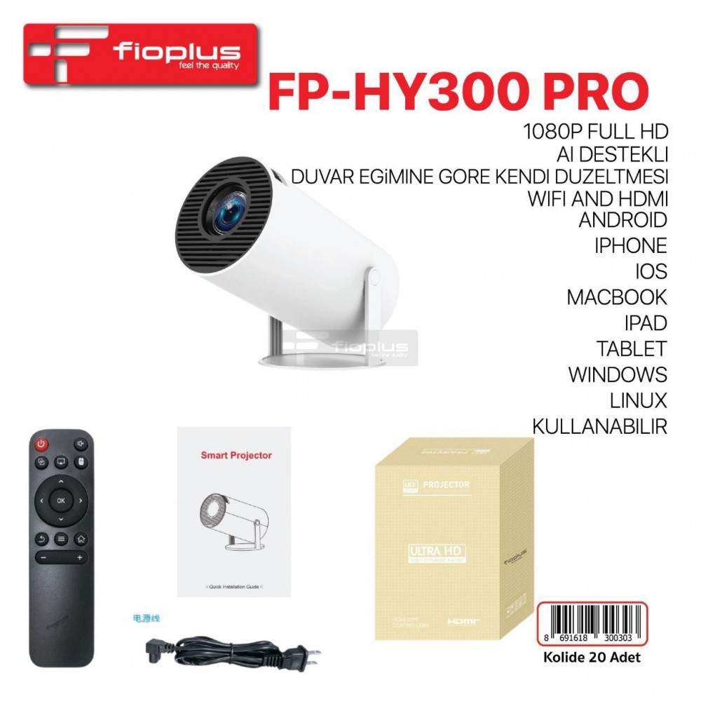 Fioplus FIO HY300 PRO 4K Destekli Akıllı Projeksiyon Cihazı - Android 11.0, Dual WiFi 6 ve 130" Dev Ekran Deneyimi Fioplus FIO HY300 PRO 4K Destekli Akıllı Projeksiyon Cihazı - Android 11.0, Dual WiFi 6 ve 130" Dev Ekran Deneyimi