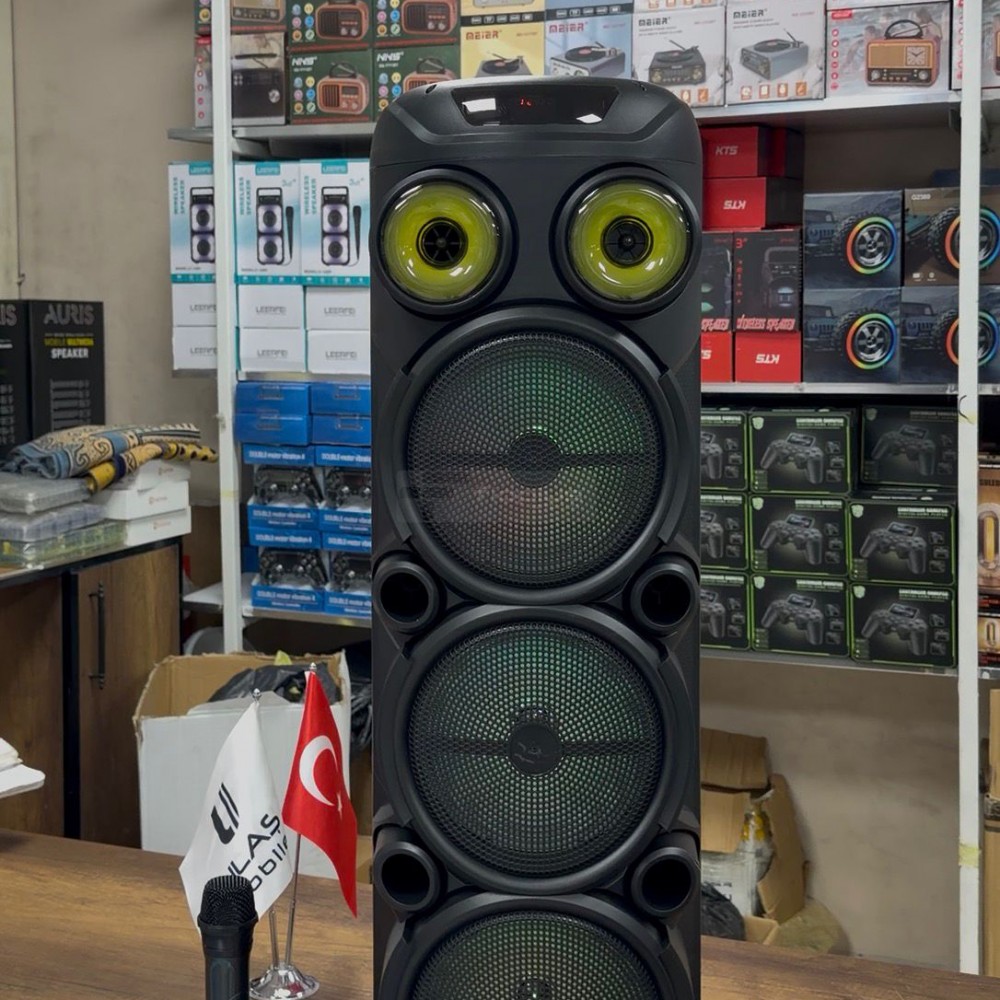 Fioplus FIO 8839 Büyük Boy Taşınabilir Kablosuz Hoparlör Fioplus FIO 8839 Çift 8 İnç Çekçekli Tam Panel RGB Işıklı Mikrofonlu Ses Sistemi