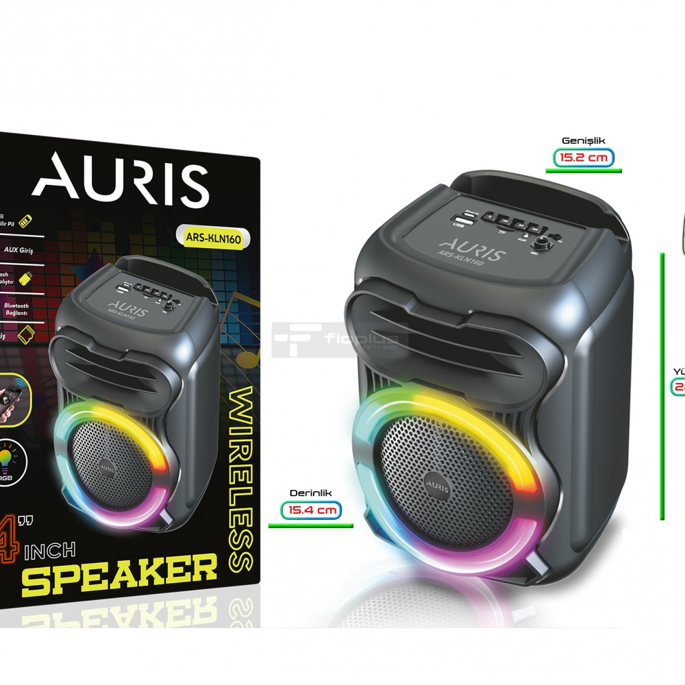 AURIS KLN160 Bluetooth Hoparlör RGB Işıklı TWS Özellikli – Fioplus AURIS KLN160 TWS Bluetooth RGB LED Hoparlör 4 inç Fioplus