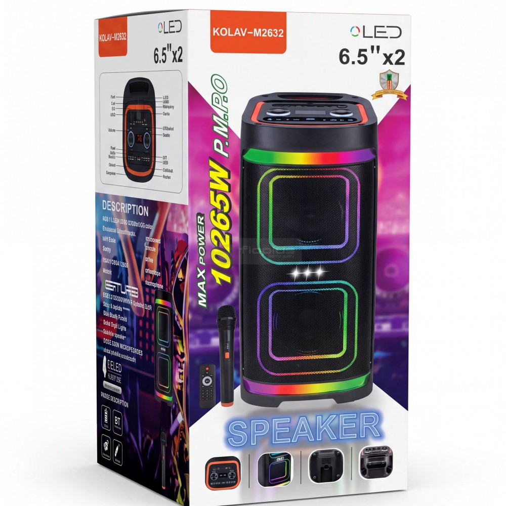 Fioplus KOLAV-M2632 Çift 6.5 İnc LED Işıklı Bluetooth Parti Hoparlörü Mikrofonlu & Kumandalı Yüksek Güçlü Taşınabilir Ses Sistemi