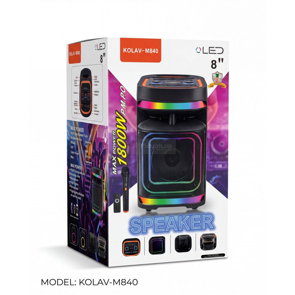 Fioplus KOLAV-M840 8 İnç LED Işıklı Bluetooth Parti Hoparlörü Mikrofonlu & Kumandalı Yüksek Güçlü Taşınabilir Ses Sistemi Fioplus KOLAV-M840 8 İnç LED Işıklı Bluetooth Parti Hoparlörü Mikrofonlu & Kumandalı Yüksek Güçlü Taşınabilir Ses Sistemi