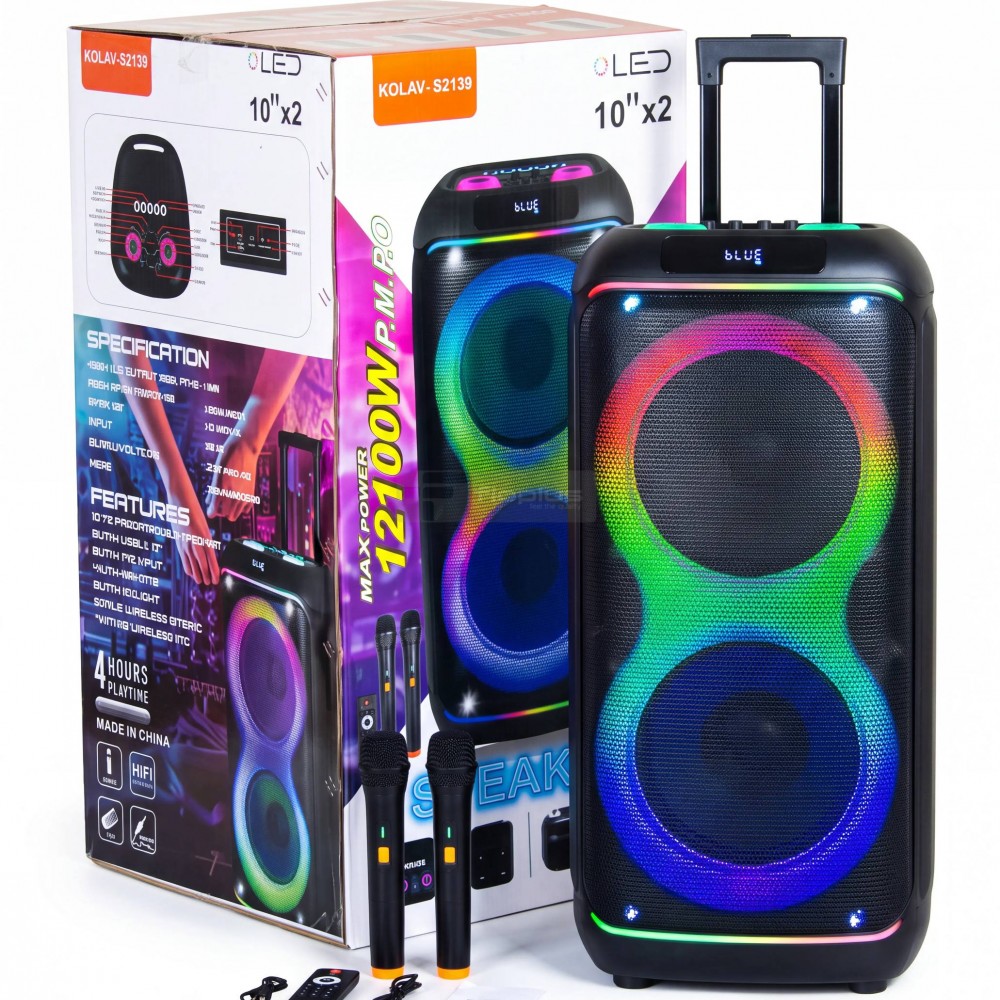 Fioplus KOLAV-S2139 Çift 10 İnç LED Işıklı Bluetooth Parti Hoparlörü Çift Mikrofonlu & Çekçekli Yüksek Güçlü Taşınabilir Ses Sistemi
