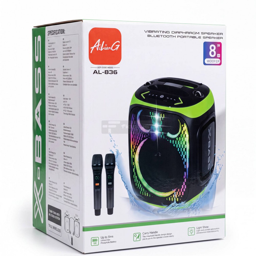 Fioplus AL-836 8 İnç RGB LED Işıklı Bluetooth Parti Hoparlörü Çift Mikrofonlu Taşınabilir X-Bass Ses Sistemi