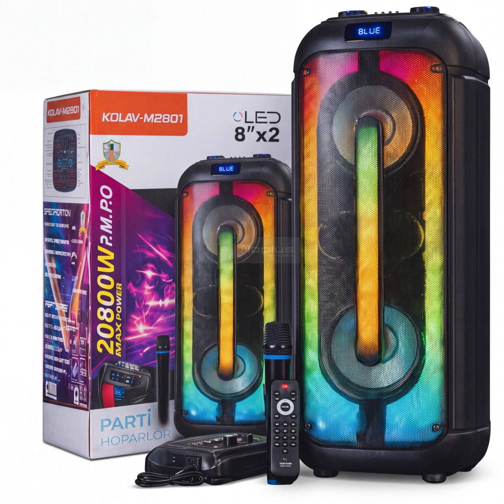 Fioplus KOLAV-M2801 Çift 8 İnç Full LED Işıklı Bluetooth Parti Hoparlörü Mikrofonlu & Kumandalı Yüksek Güçlü Taşınabilir Ses Sistemi Fioplus KOLAV-M2801 Çift 8 İnç Full LED Işıklı Bluetooth Parti Hoparlörü Mikrofonlu & Kumandalı Yüksek Güçlü Taşınabilir Ses Sistemi