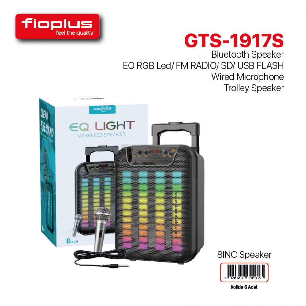 Fioplus GTS-1917S Trolley RGB Bluetooth Hoparlör 8" Fioplus GTS-1917S Trolley RGB Bluetooth Hoparlör 8"