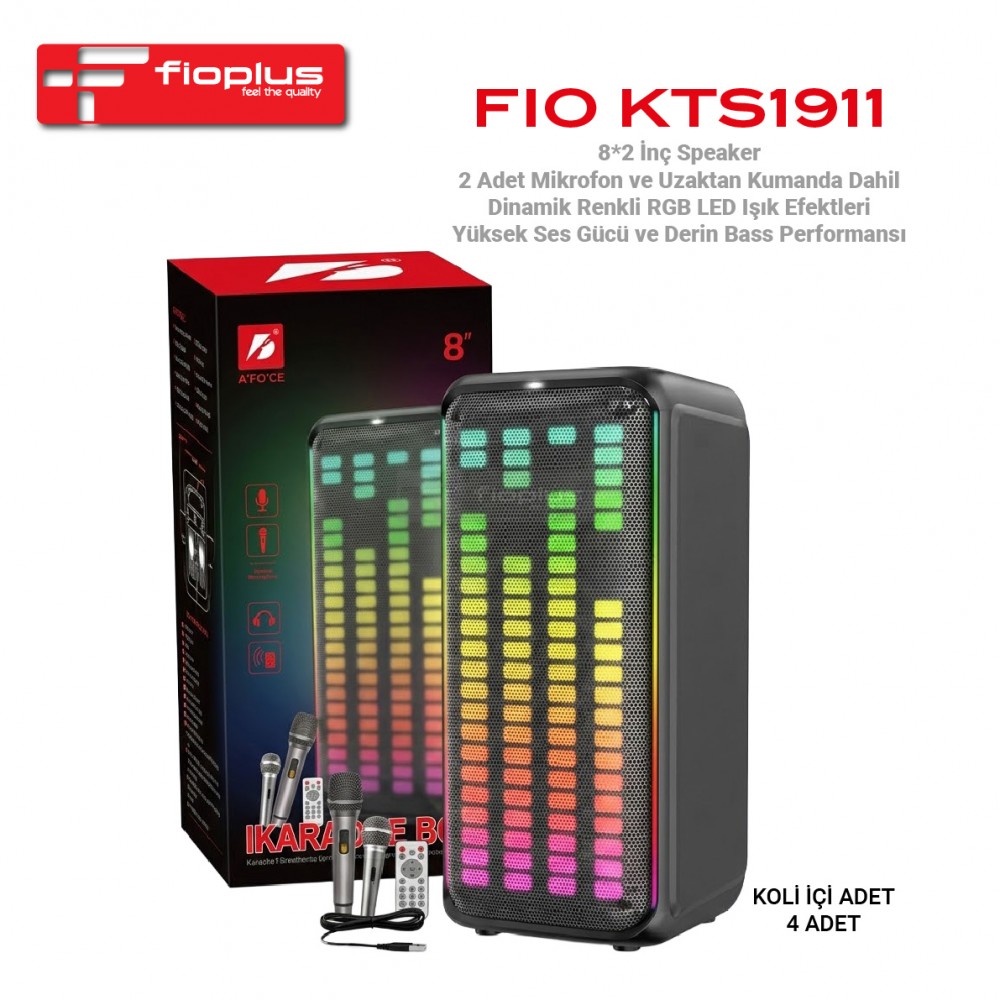 Fioplus FIO KTS1911 Çift 8 İnç Derin Bass RGB Işıklı ve 2 Mikrofonlu Karaoke Parti Hoparlörü Fioplus FIO KTS1911 Çift 8 İnç Derin Bass RGB Işıklı ve 2 Mikrofonlu Karaoke Parti Hoparlörü