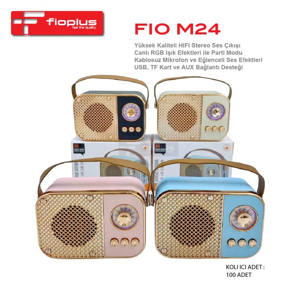 Fioplus FIO M24 Kablosuz Mikrofonlu Canlı RGB Işık Efektli HIFI Stereo Retro Taşınabilir Karaoke Hoparlör