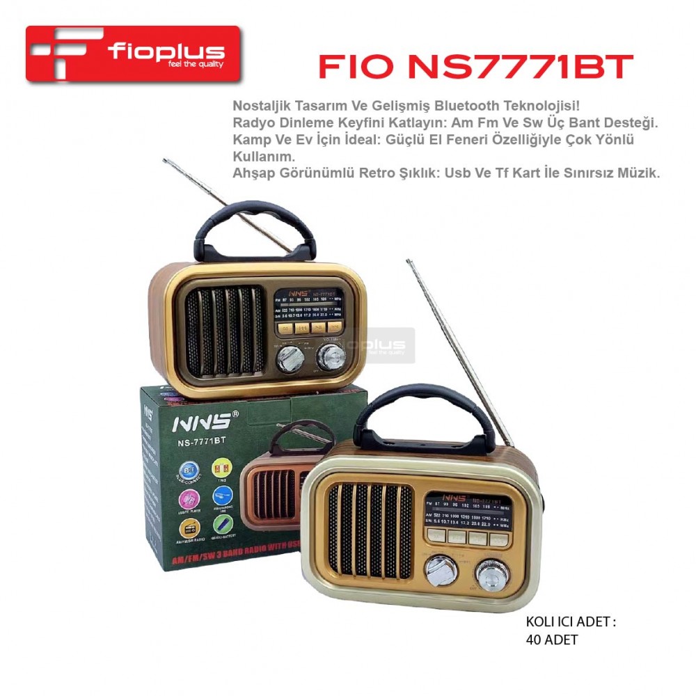 Fioplus FIO NS7771BT AM/FM/SW 3 Bant Radyolu Entegre El Fenerli Ahşap Görünümlü Retro Taşınabilir Kablosuz Hoparlör